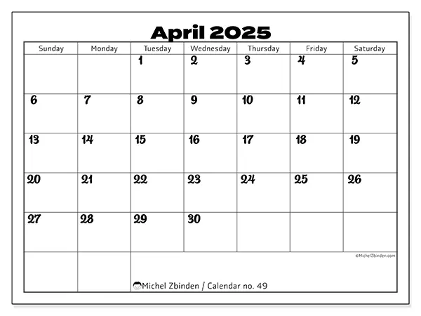 Free printable calendar no. 49 for April 2025. Week: Sunday to Saturday.