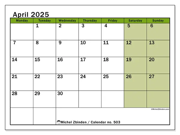 Free printable calendar no. 503 for April 2025. Week: Monday to Sunday.