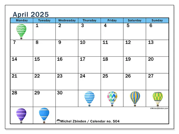 Free printable calendar no. 504 for April 2025. Week: Monday to Sunday.