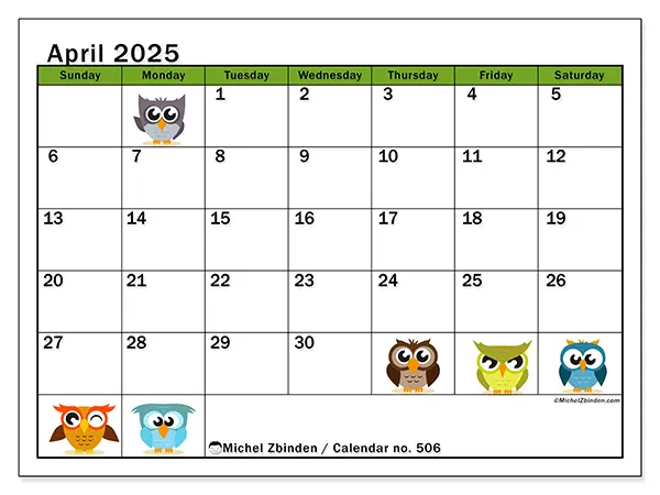 Free printable calendar no. 506 for April 2025. Week: Sunday to Saturday.