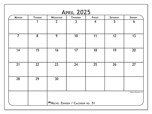 Free printable calendar no. 51 for April 2025. Week: Monday to Sunday.