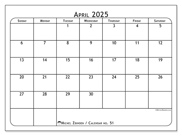 Free printable calendar no. 51 for April 2025. Week: Sunday to Saturday.