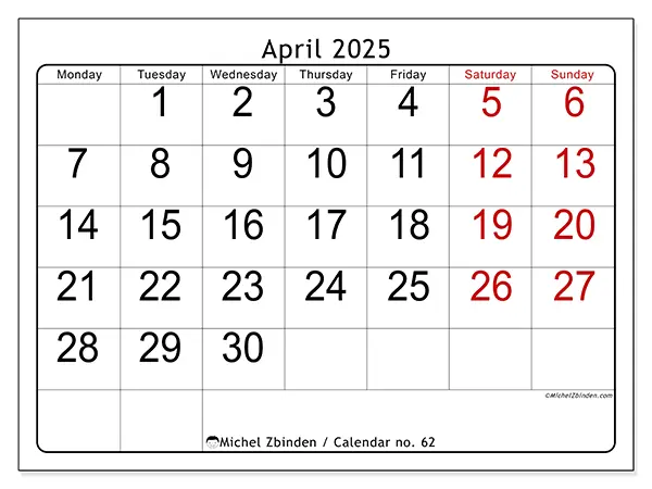 Free printable calendar no. 62 for April 2025. Week: Monday to Sunday.