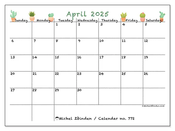 Free printable calendar no. 772 for April 2025. Week: Sunday to Saturday.