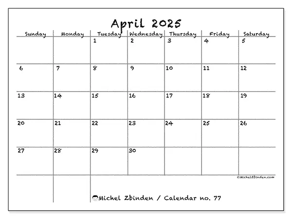 Printable calendar no. 77, April 2025