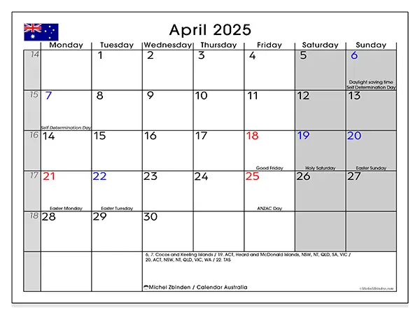 Free printable calendar Australia for April 2025. Week: Monday to Sunday.