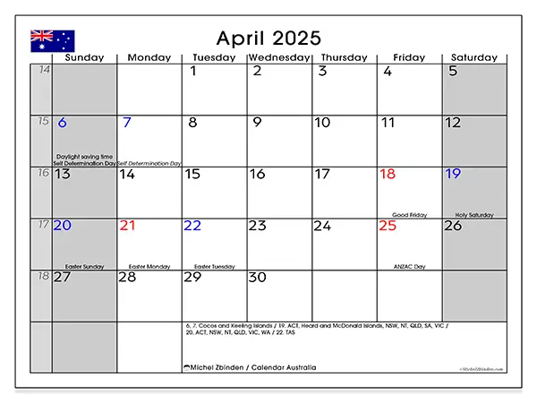 Free printable calendar Australia for April 2025. Week: Sunday to Saturday.