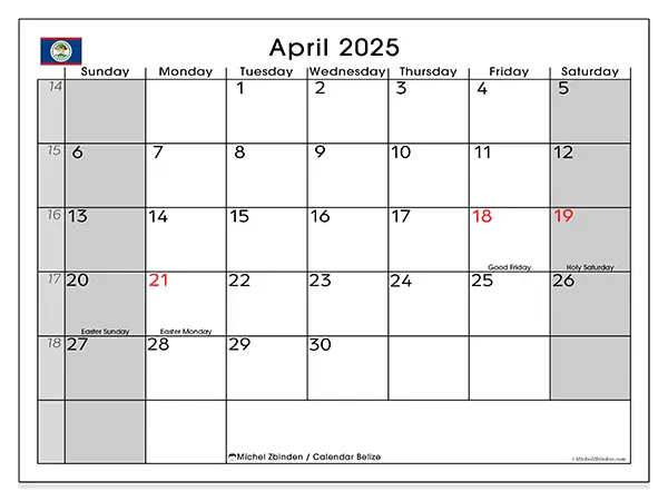 Free printable calendar Belize for April 2025. Week: Sunday to Saturday.