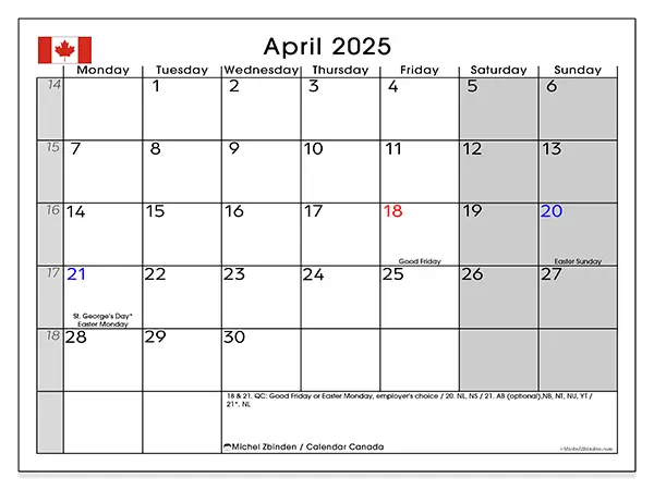 Free printable calendar Canada for April 2025. Week: Monday to Sunday.