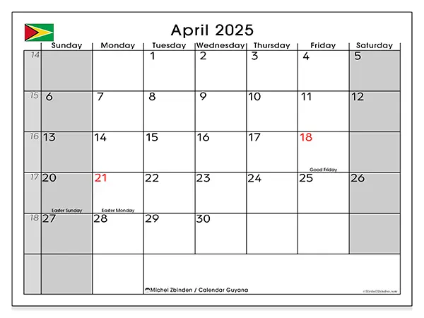 Free printable calendar Guyana for April 2025. Week: Sunday to Saturday.