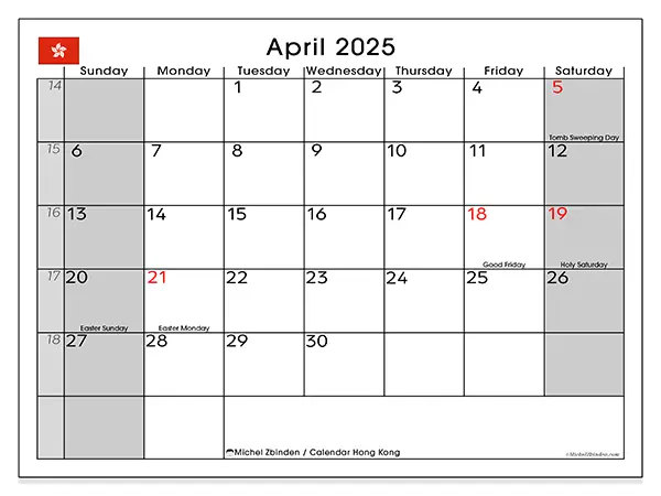 Free printable calendar Hong Kong for April 2025. Week: Sunday to Saturday.