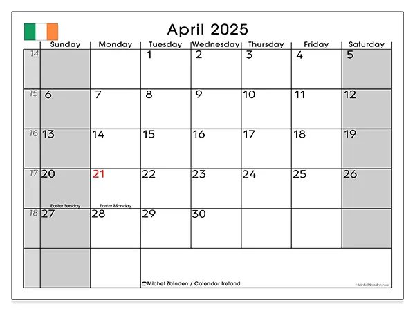 Free printable calendar Ireland for April 2025. Week: Sunday to Saturday.