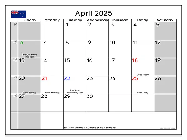 Free printable calendar New Zealand for April 2025. Week: Sunday to Saturday.