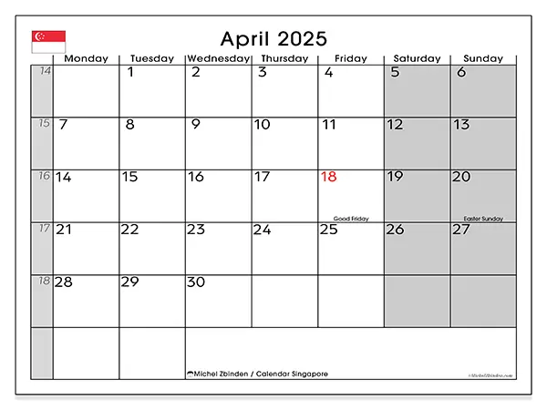 Free printable calendar Singapore, April 2025. Week:  Monday to Sunday