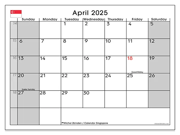 Free printable calendar Singapore for April 2025. Week: Sunday to Saturday.