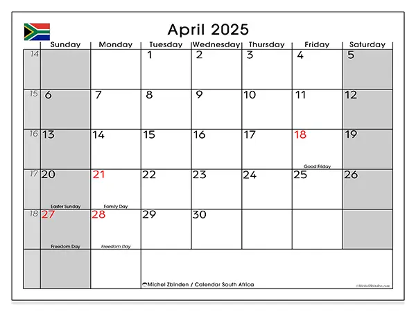 Free printable calendar South Africa for April 2025. Week: Sunday to Saturday.