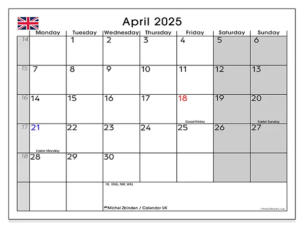 Free printable calendar UK for April 2025. Week: Monday to Sunday.