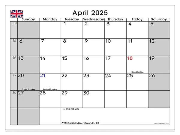 Free printable calendar UK for April 2025. Week: Sunday to Saturday.
