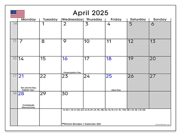 Free printable calendar USA for April 2025. Week: Monday to Sunday.