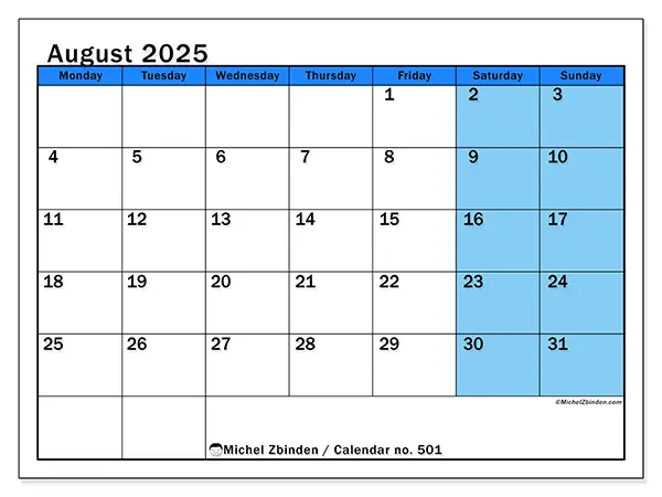 Free printable calendar no. 501, August 2025. Week:  Monday to Sunday