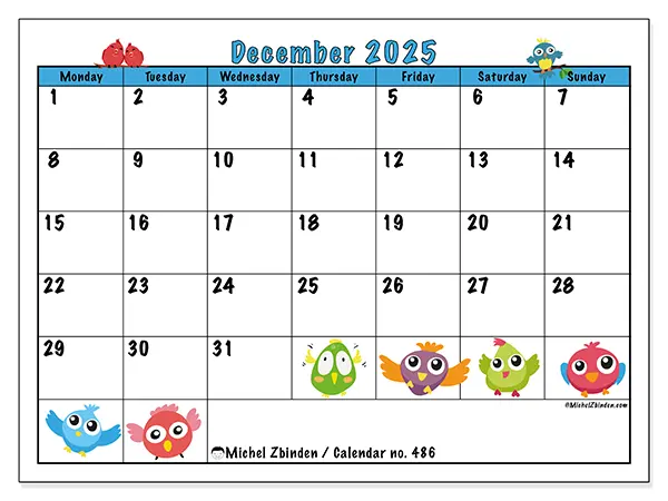 Free printable calendar no. 486, December 2025. Week:  Monday to Sunday