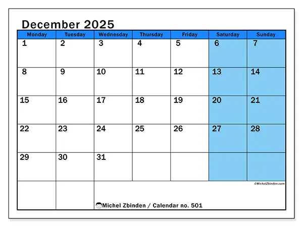 Free printable calendar no. 501, December 2025. Week:  Monday to Sunday