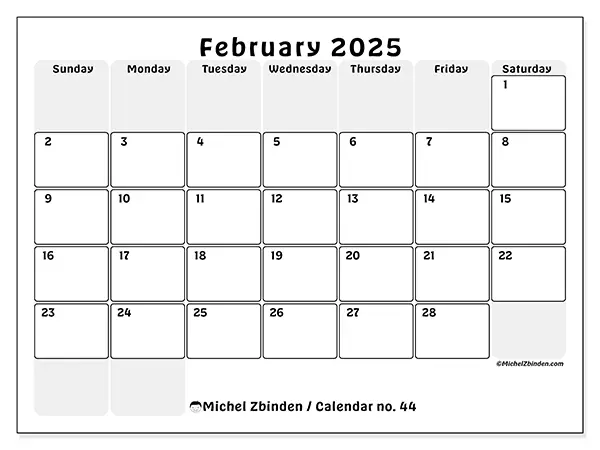 Free printable calendar n° 44 for February 2025. Week: Sunday to Saturday.