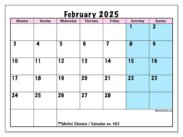 Free printable calendar no. 482 for February 2025. Week: Monday to Sunday.