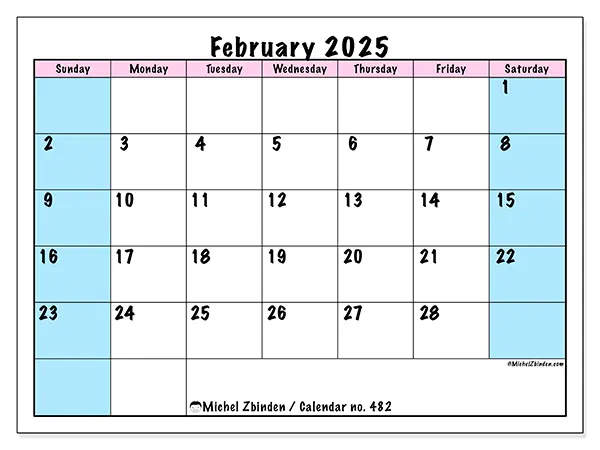 Free printable calendar no. 482 for February 2025. Week: Sunday to Saturday.
