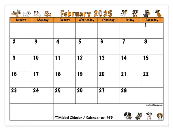 Free printable calendar no. 485 for February 2025. Week: Sunday to Saturday.