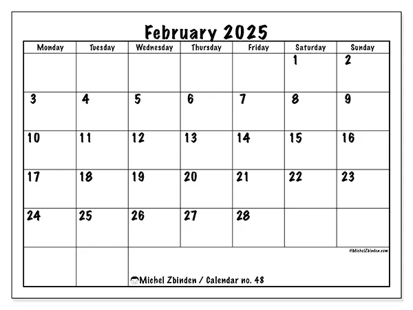 Printable calendar no. 48, February 2025