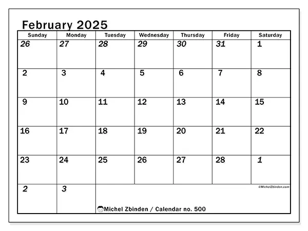 Free printable calendar no. 500 for February 2025. Week: Sunday to Saturday.