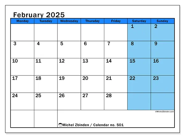 Free printable calendar no. 501, February 2025. Week:  Monday to Sunday
