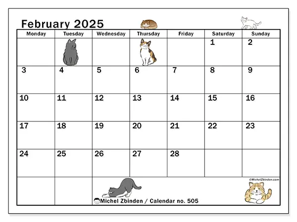 Printable calendar no. 505, February 2025