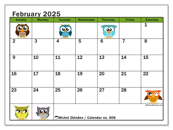 Free printable calendar no. 506 for February 2025. Week: Sunday to Saturday.