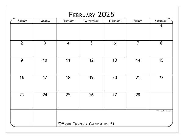Printable calendar no. 51, February 2025
