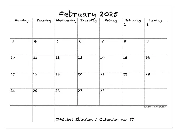 Printable calendar no. 77, February 2025