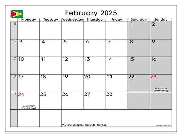 Free printable calendar Guyana, February 2025. Week:  Monday to Sunday