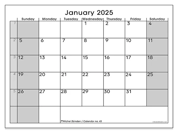 Free printable calendar n° 43 for January 2025. Week: Sunday to Saturday.