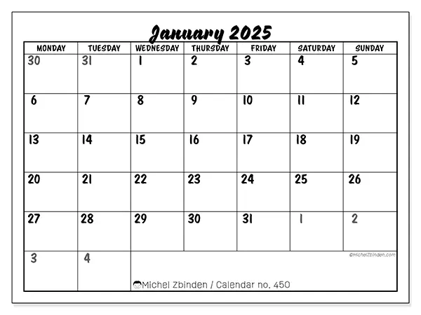 Free printable calendar n° 450 for January 2025. Week: Monday to Sunday.