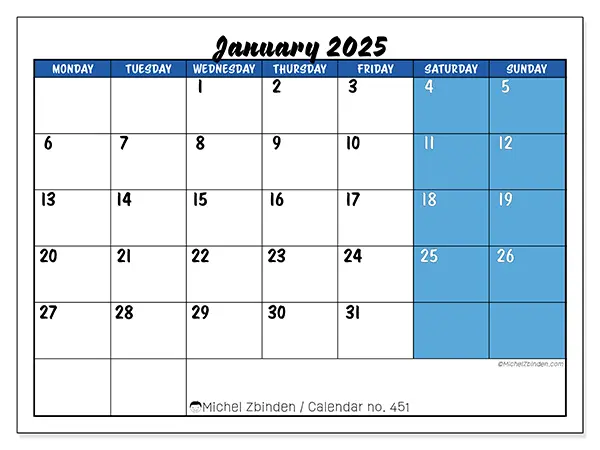 Free printable calendar n° 451 for January 2025. Week: Monday to Sunday.