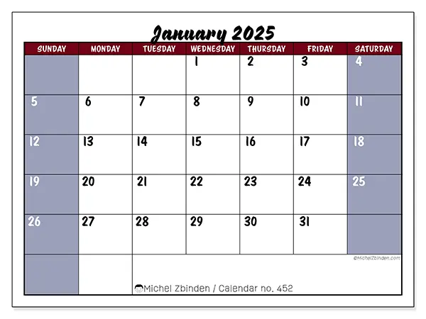 Free printable calendar n° 452 for January 2025. Week: Sunday to Saturday.