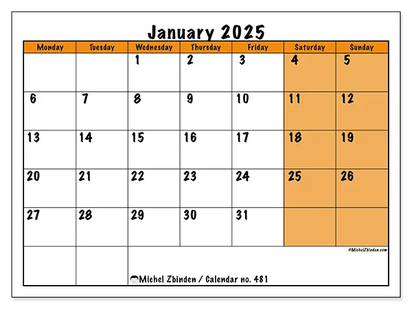 Free printable calendar no. 481 for January 2025. Week: Monday to Sunday.