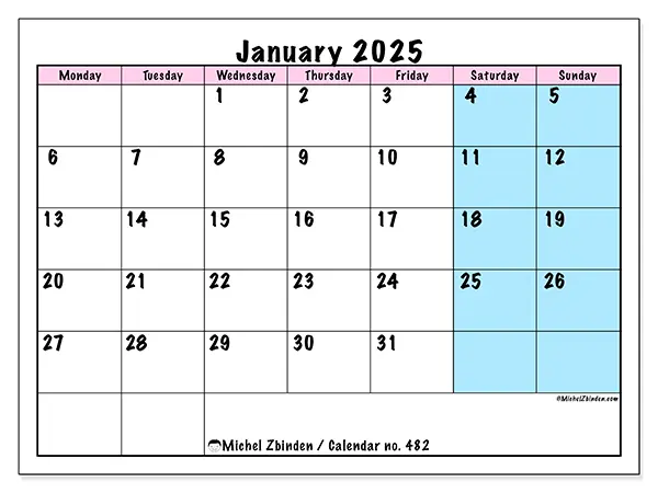 Free printable calendar no. 482 for January 2025. Week: Monday to Sunday.