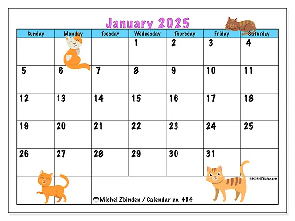 Free printable calendar no. 484 for January 2025. Week: Sunday to Saturday.