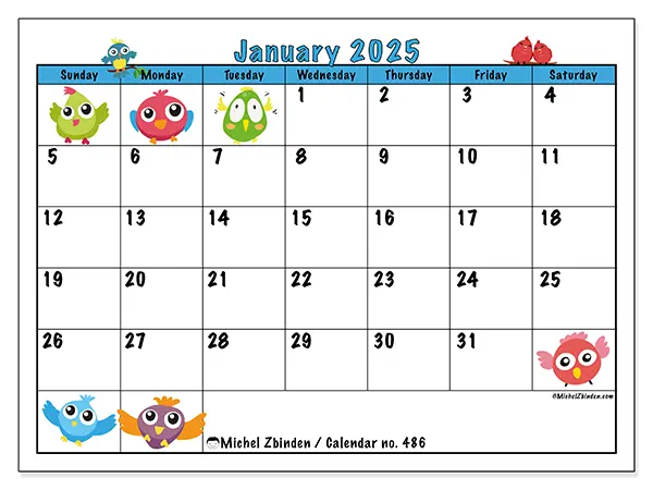 Free printable calendar no. 486, January 2025. Week:  Sunday to Saturday