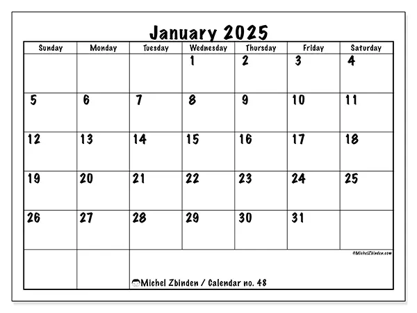 Free printable calendar no. 48 for January 2025. Week: Sunday to Saturday.