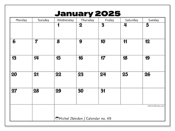 Printable calendar no. 49, January 2025