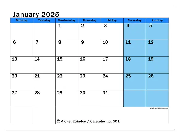 Free printable calendar no. 501 for January 2025. Week: Monday to Sunday.
