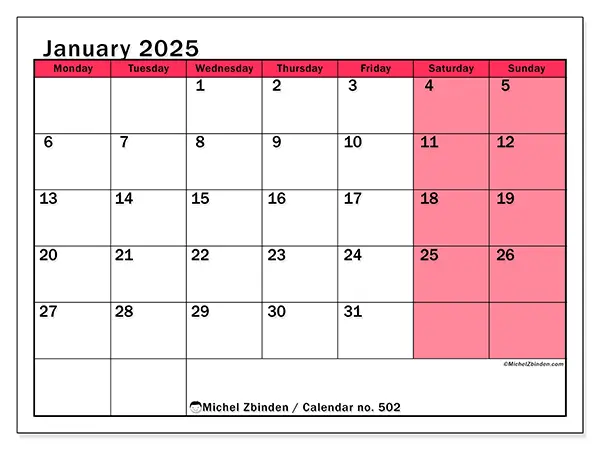 Printable calendar no. 502, January 2025